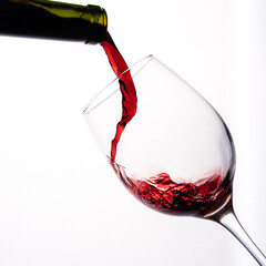 Red wine pouring in glass on white background
