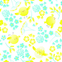 Vector illustration, seamless pattern with chicks and flowers, in yellow blue colors on a white background