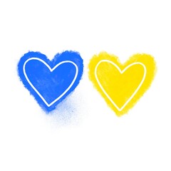 Grunge blue and yellow hearts as a symbol of Ukrainian flag isolated on white background. Ukraine flag illustration. Save Ukraine. Peace concept. Support Ukraine 