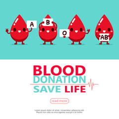 A, B, O, AB Droplet blood cute cartoon donate. Give Blood for poster, banner, template, presentation, and background. Vector illustration blood donation day concept. Flat Design.