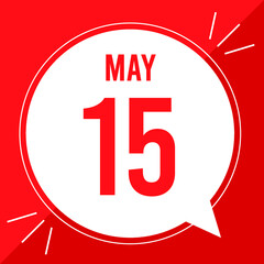 A vector illustration with text: May 15 st day. White balloon on a red backgound.