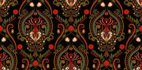 Indian seamless pattern. Paisley wallpaper. Paisley seamless wallpaper. Ethnic  background. Floral folk background with floral symmetry elements. Hungarian floral pattern 