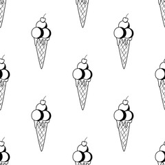 Ice cream seamless black and white pattern. Flat vector illustration