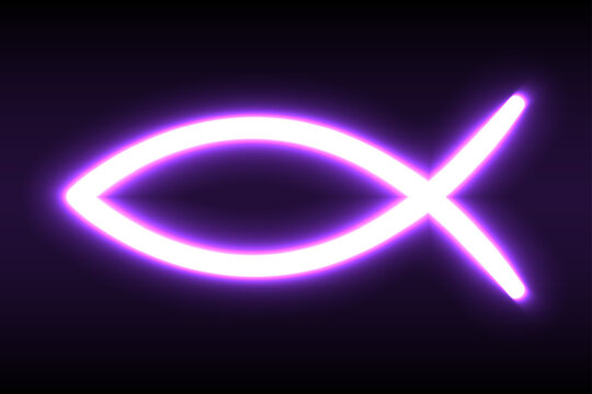 Jesus fish symbol, with neon glow effect, over black. Sign of the fish, a symbol of Christian art, consisting of 2 intersecting arcs, also called ichthys or ichthus, Greek word for fish. Illustration.