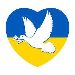 White Dove of Peace Flying with a Branch on the Background of the Ukrainian Flag in Heart Shape. Pray for Peace in Ukraine Concept Illustration on White Backdrop