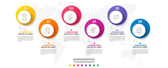 Vector circle infographics. Modern business timeline template with six steps and icons. Graphic timeline for app, website, interface, chart, levels, web, diagram, banner, presentations.