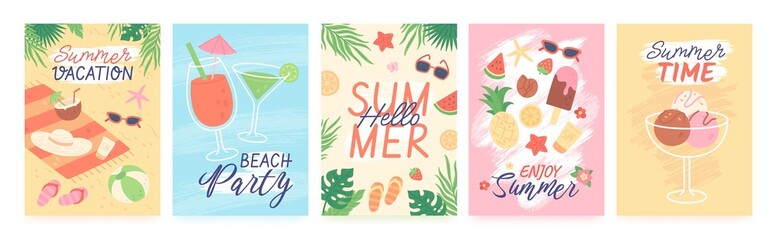 Summer posters with exotic leaves and fruits, tropical vacation banner. Beach party flyer with cocktails, summertime poster template vector set