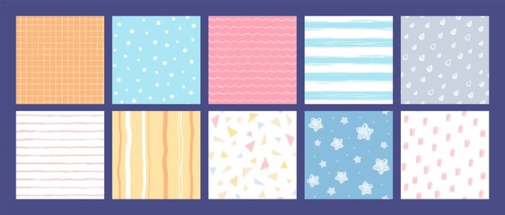 Abstract geometric patterns with lines, dots, triangles and stars for kids textile print. Cute childish wallpaper textures, simple doodle shapes seamless pattern vector set
