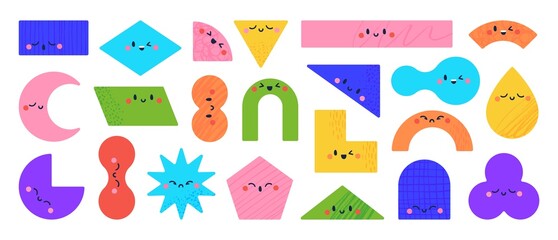 Geometric shapes with funny faces, cute star and triangle shape characters for kids. Colorful basic geometry figures with different emotions, preschool education elements vector set