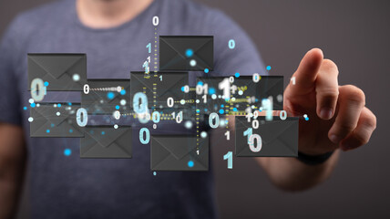 touching 3D rendering flying email icon with his fin