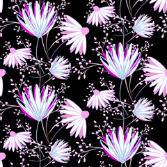 Vector seamless half-drop pattern, with leaves and flowers