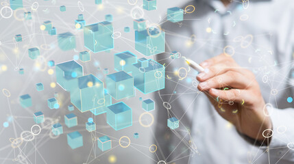 abstract lines with dots over dark background.