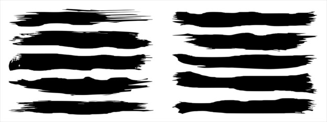 Vector collection of artistic grungy black paint hand made creative brush stroke set isolated on banner background. A group of abstract grunge sketches for design education or graphic art decoration