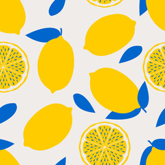 Yellow lemons with blue leaves. Seamless stylish pattern with tropical citrus fruits for textile and paper products.