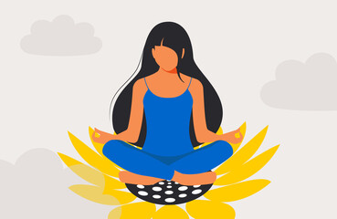 A beautiful woman with long black hair sits in a lotus position, meditates in a sunflower flower and feels great, radiating positive feminine energy. Be calm and take care of yourself. 