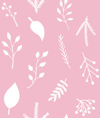 Vector seamless pattern of hand drawn sketch doodle leaves isolated on pink background
