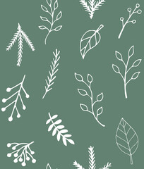 Vector seamless pattern of hand drawn sketch doodle leaves isolated on green background