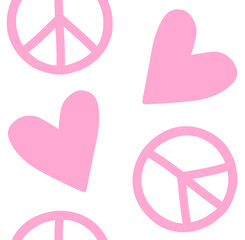Vector seamless pattern of pink hand drawn peace signs and hearts isolated on white background