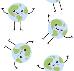 Vector seamless pattern of hand drawn flat planet Earth with face isolated on white background