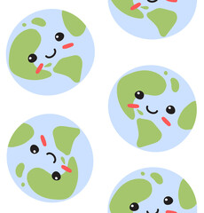 Vector seamless pattern of hand drawn flat planet Earth with face isolated on white background
