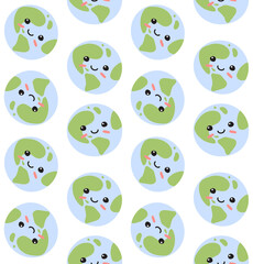 Vector seamless pattern of hand drawn flat planet Earth with face isolated on white background