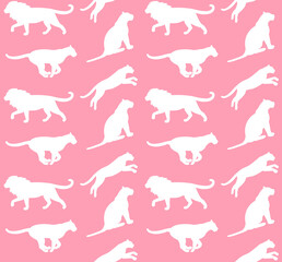 Vector seamless pattern of wild big cats silhouette isolated on pink background