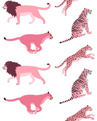 Vector seamless pattern of pink flat wild big cats isolated on white background