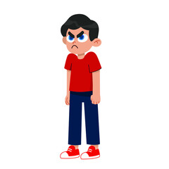 Vector illustration of a very angry boy standing in a pose, arms crossed, with a disgruntled look on his face. aggressive children 