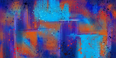 Hand drawn painting abstract colorful oil art panorama background. Abstract contemporary art for background with blue, red, purple. Hand drawn brush stroke