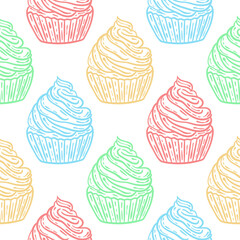 Multicolored cake with cream seamless pattern vector illustration. Confectionery background with pastries. Template for fabric, packaging, paper and design