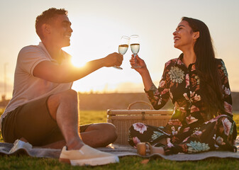 I love you for all that you are. Shot of a young couple making a toast while on a picnic at a lakeside.