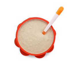 Healthy baby food in bowl on white background, top view
