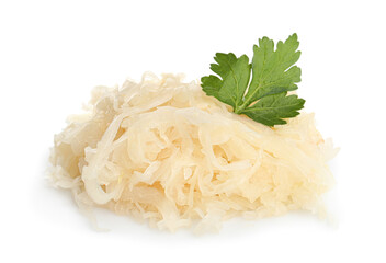 Tasty fermented cabbage with parsley on white background