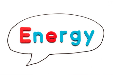 Alphabet letter with word energy in black line hand drawing as bubble speech on white board background