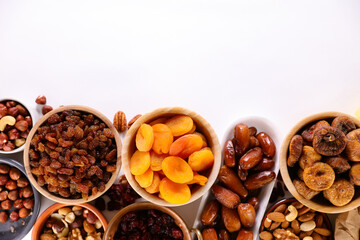 assorted of dried fruits ( apricot,  almond,  date,  raisin,  hazelnut...)