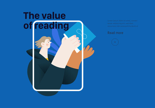 Books graphics -book week events. Modern flat vector concept illustrations of reading people - a young man reading and sharing book, landing webpage template