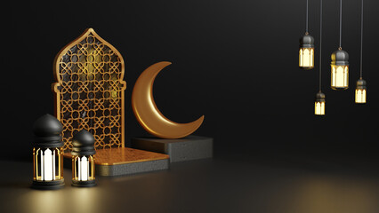 Islamic Background, Lantern, gold crescent moon on Black. design concept of ramadan kareem, mawlid, iftar, Isra and miraj or eid al fitr adha, copy space text area, 3D illustration render.
