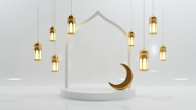 Islamic Background, Lantern, gold crescent moon on white. design concept of ramadan kareem, mawlid, iftar, Isra and miraj or eid al fitr adha, copy space text area, 3D illustration render.