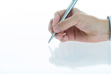 Man hand holding a pen isolated on white background