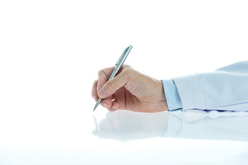 Male doctor hand holding a pen isolated on white background