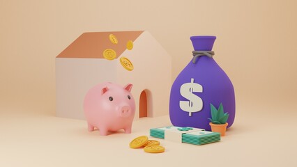 3d rendering of money investment concept gold coins money bags banknotes houses future planning Illustration on a 3D rendering background.
