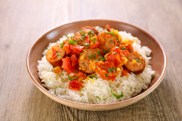 rougail saucisse- creole dish with rice and spicy sausage