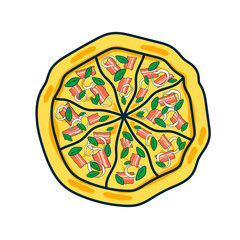 Pizza with bacon, onion cut into rings and basil leaves. Stylized vector drawing