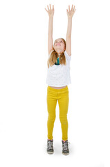 Cute girl trying to catch something, isolated on white background