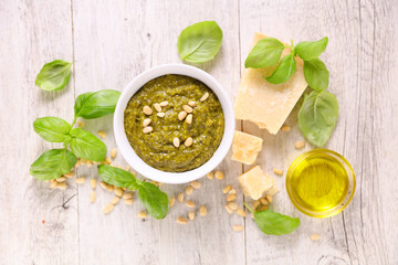 pesto sauce with basil,  pine,  oil and parmesan