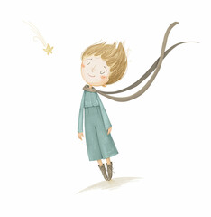 A hand-drawn little prince on a white background. Stock illustration.