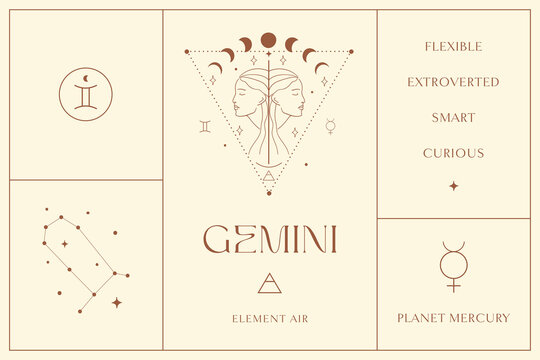 Gemini Zodiac Sign Design Illustrations. Esoteric Vector Element, Icon