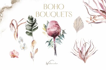 Boho elements and bouquets set watercolor