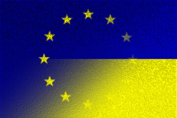 European Union (EU) and Ukraine. European Union flag and Ukraine flag. Concept of aid, association of countries, political and economic relations. Ukraine and European Union. OTAN-NATO flag.