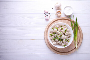 Obraz na płótnie Canvas Ready-made dumplings on a white background with place for text